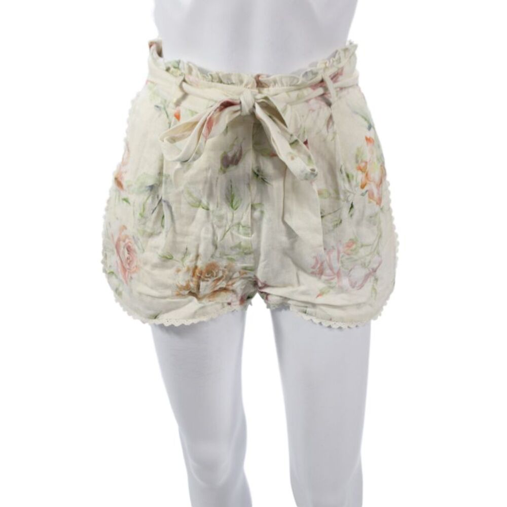 Love Shack Fancy Unisex Beige Linen Floral Bohemian Shorts Size 0